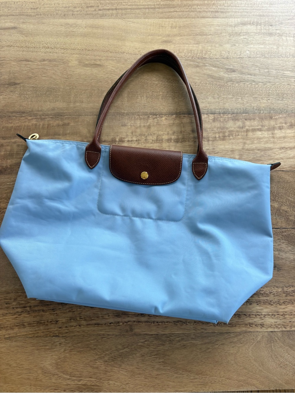 Longchamp Le Pliage Light Blue Large Tote with Brown Leather Trim